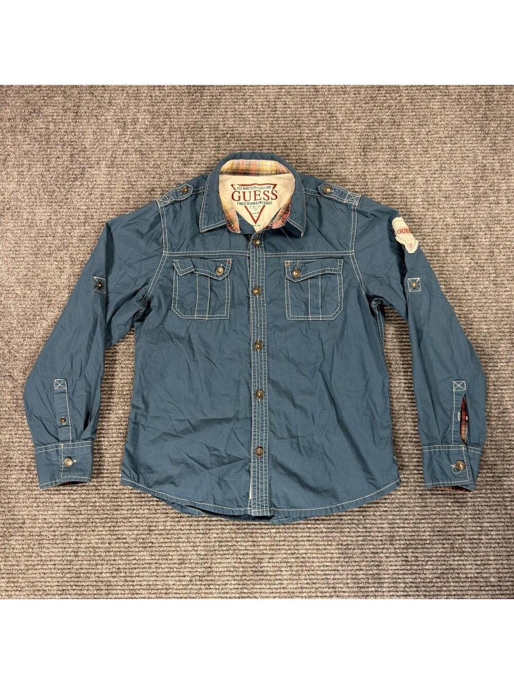 Vintage GUESS Denim Utility Shirt Jacket Blue L Patch Logo Button Up Y2K Retro